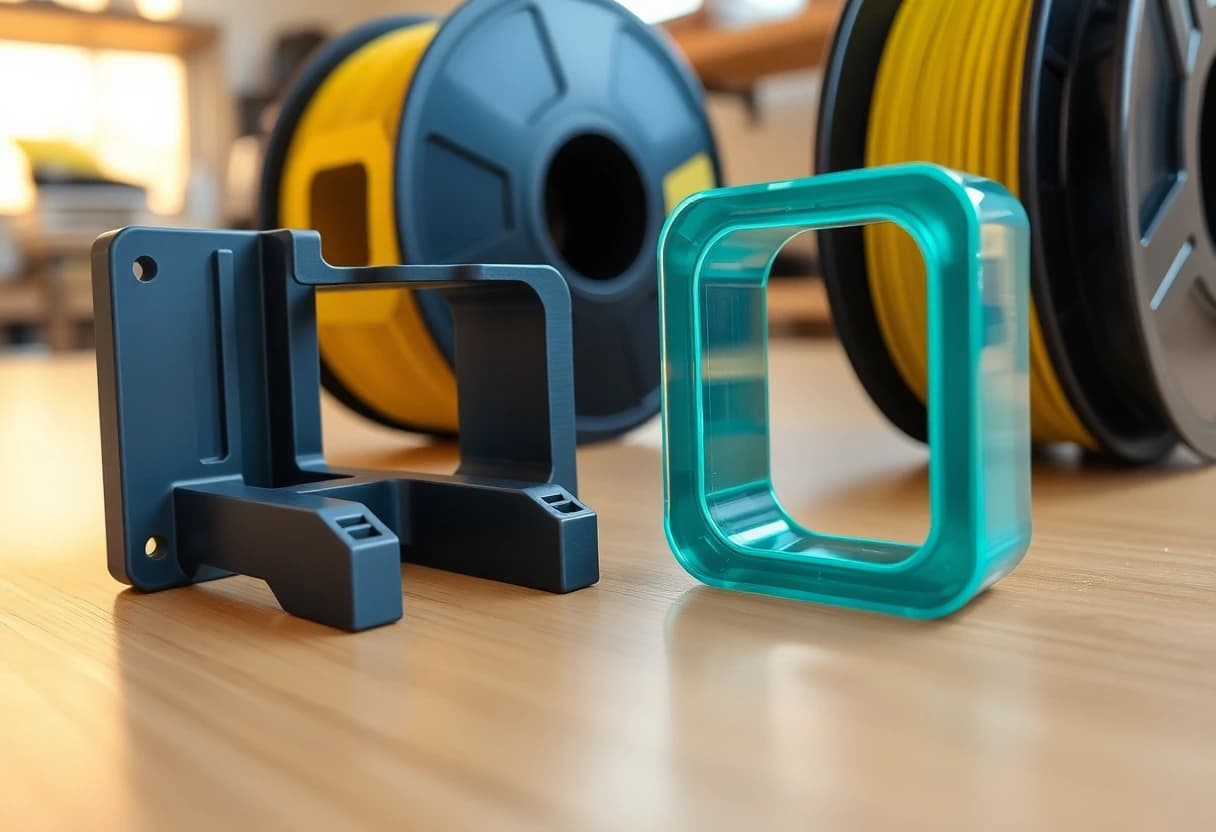Glänzende PETG-Funktionsteile in Dunkelgrau und transparentem Teal neben Filamentspulen