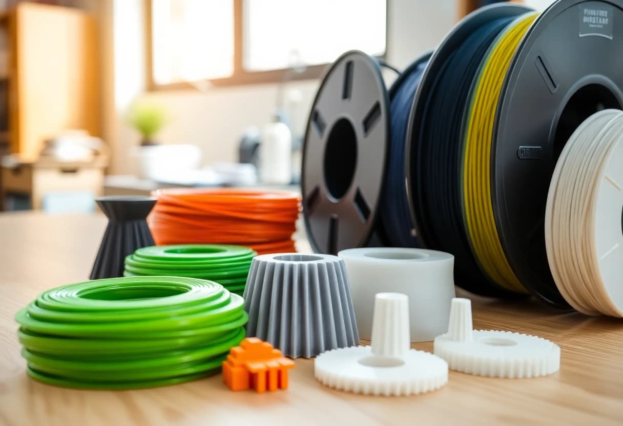Matte PLA-Bauteile und Filamentspulen in Grün, Orange, Grau und Weiß