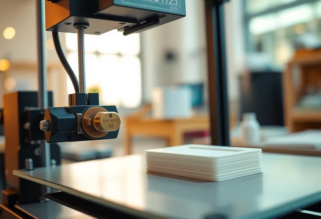 Druckkopf eines 3D-Druckers über einem frisch gedruckten Bauteil mit sichtbaren Schichten