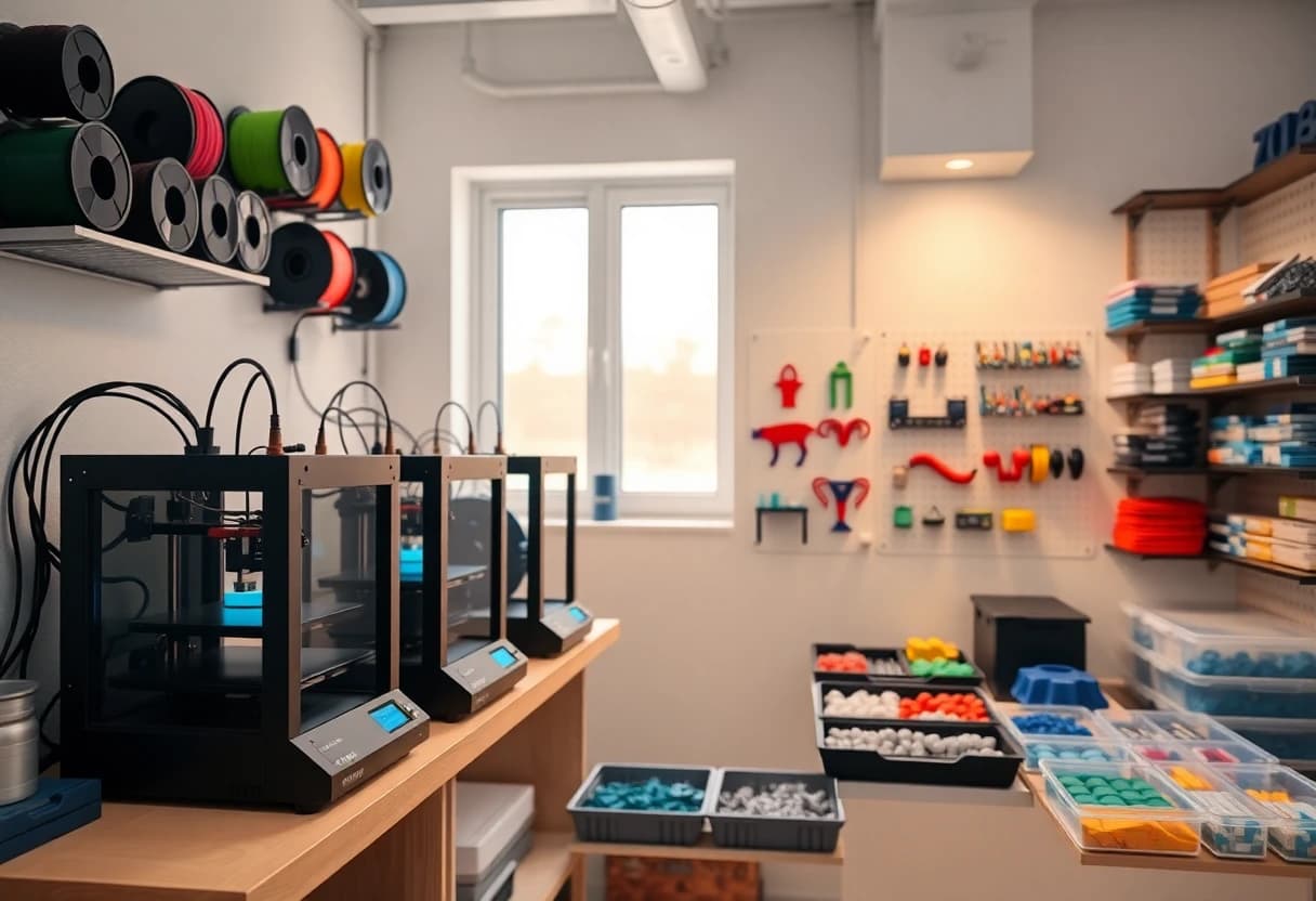 Kleine Druckfarm: mehrere 3D-Drucker mit sortierten Filamentspulen und fertigen Druckteilen